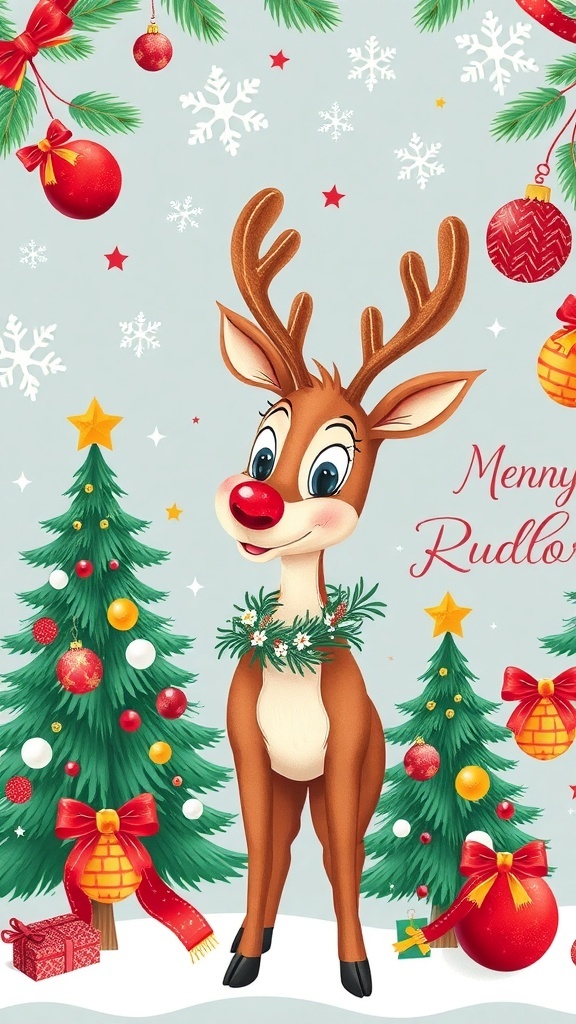 A festive wallpaper design with Rudolph the Red-Nosed Reindeer, snowflakes, and Christmas trees.